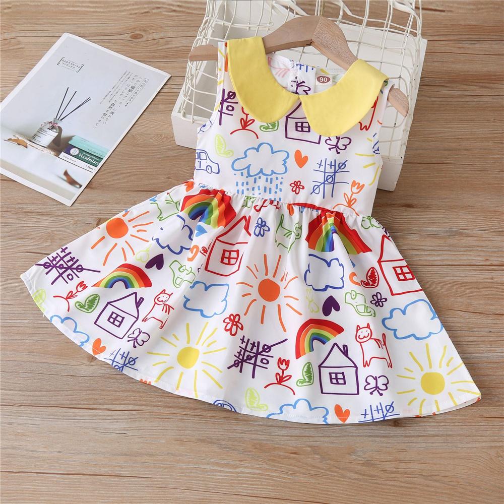 Girls Doll Collar Pattern Printed Sleeveless Pleated Dress wholesale kids boutique clothing