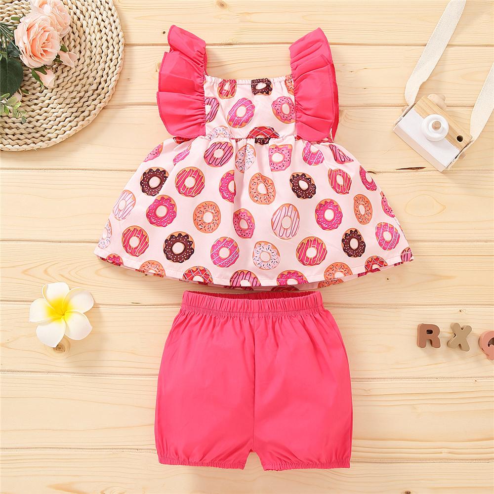 Girls Donuts Printed Bow Decor Flutter-sleeve Top & Solid Shorts wholesale childrens clothing distributors