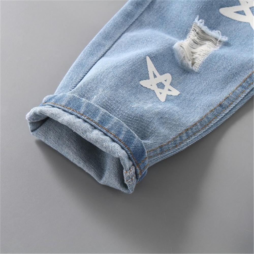 Girls Elastic Waist Star Print Ripped Jeans