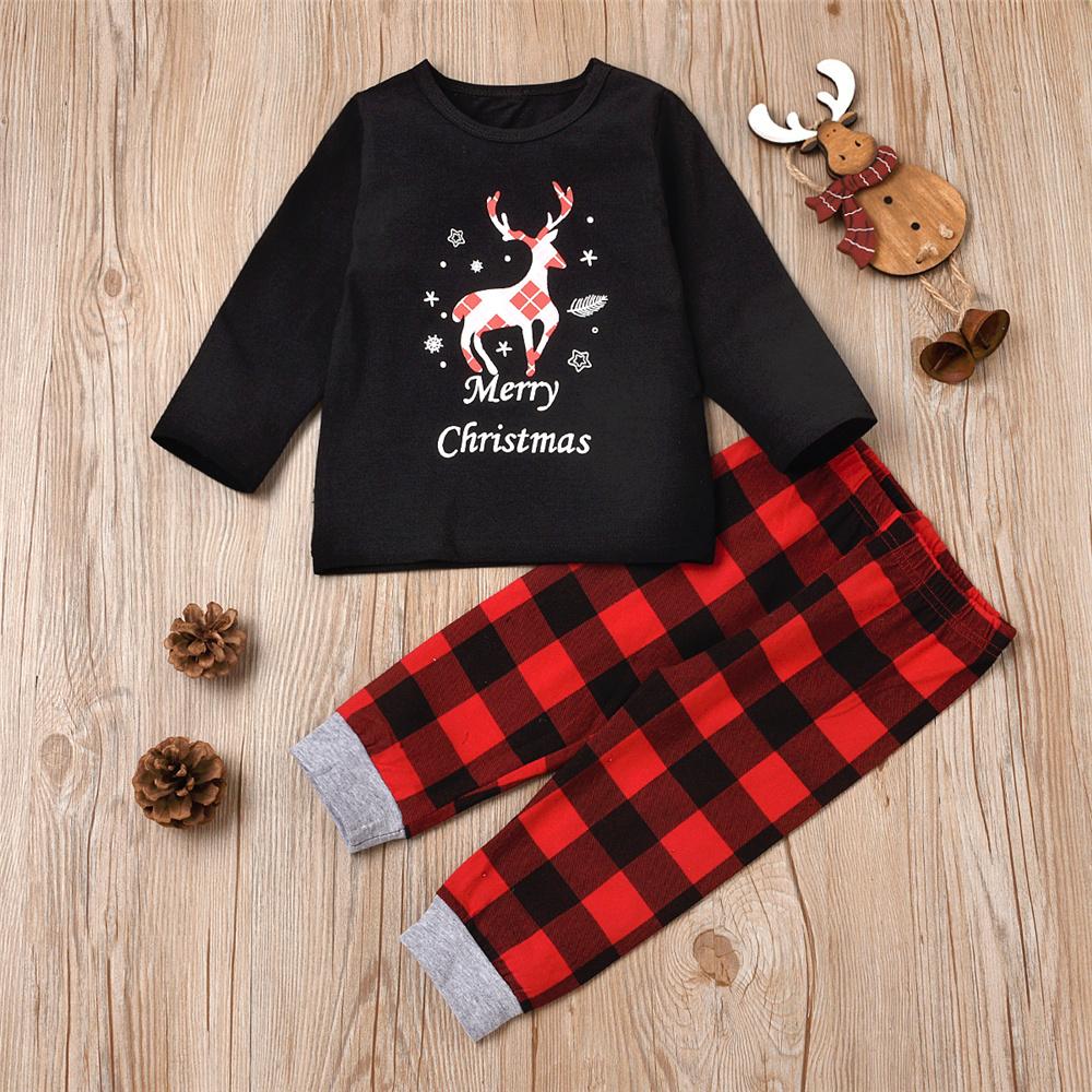 Parent-Child Elk Merry Christmas Printed Long Sleeve & Plaid Pants Sets Mommy And Me Matching Outfits Wholesale