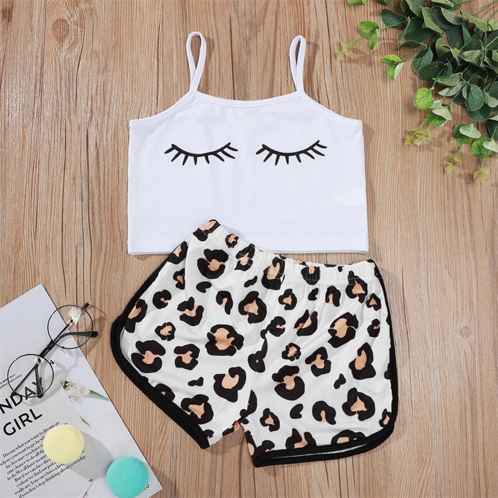 Girls Eyelashes Printed Sling Top & Leopard Shorts Pajamas Suit cheap baby girl clothes boutique