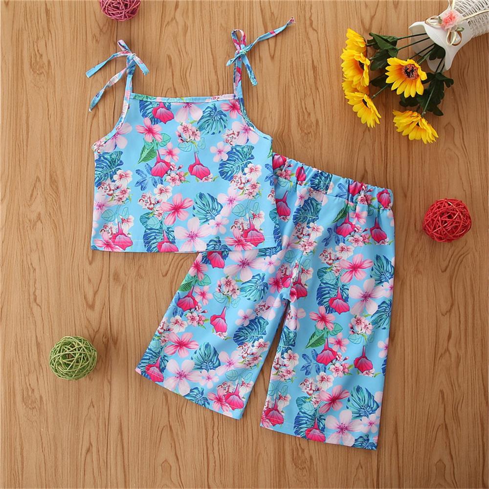 Girls Fashion Floral Printed Sling Top & Wig Leg Pants Wholesale Girls Clothes