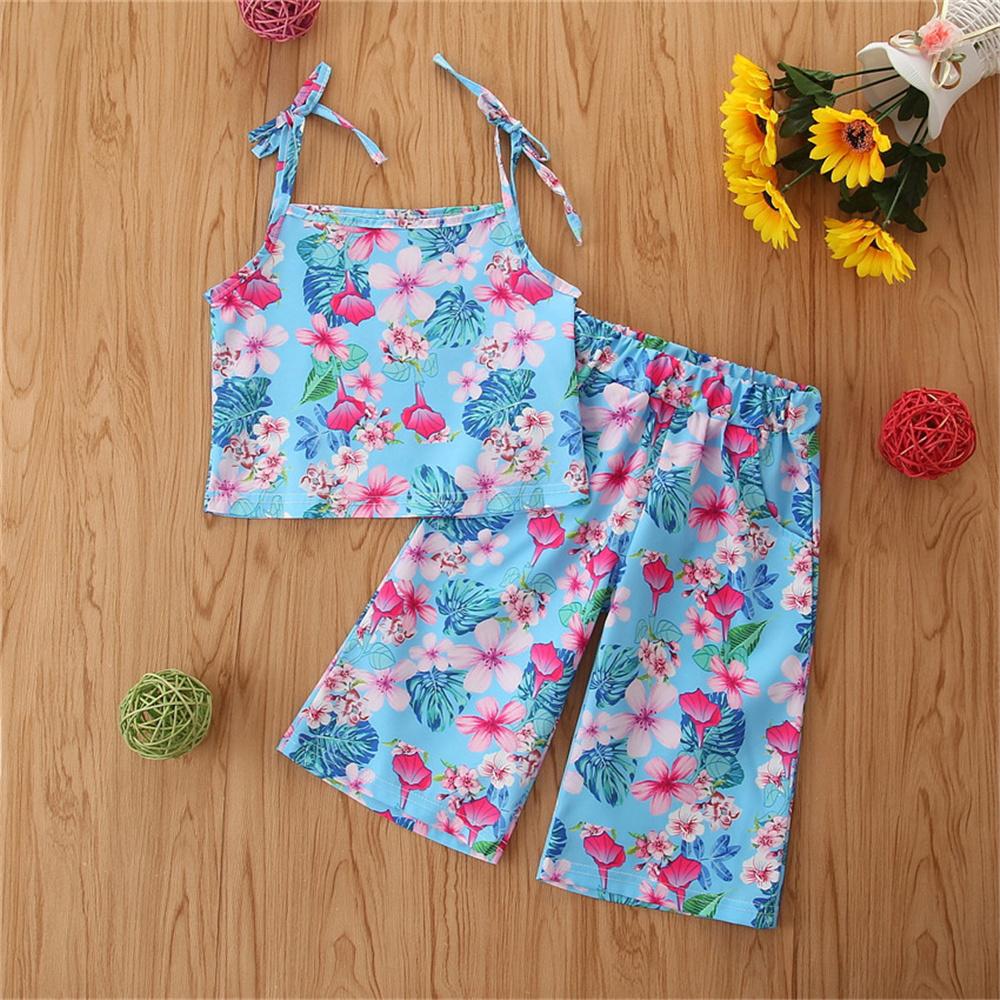 Girls Fashion Floral Printed Sling Top & Wig Leg Pants Wholesale Girls Clothes