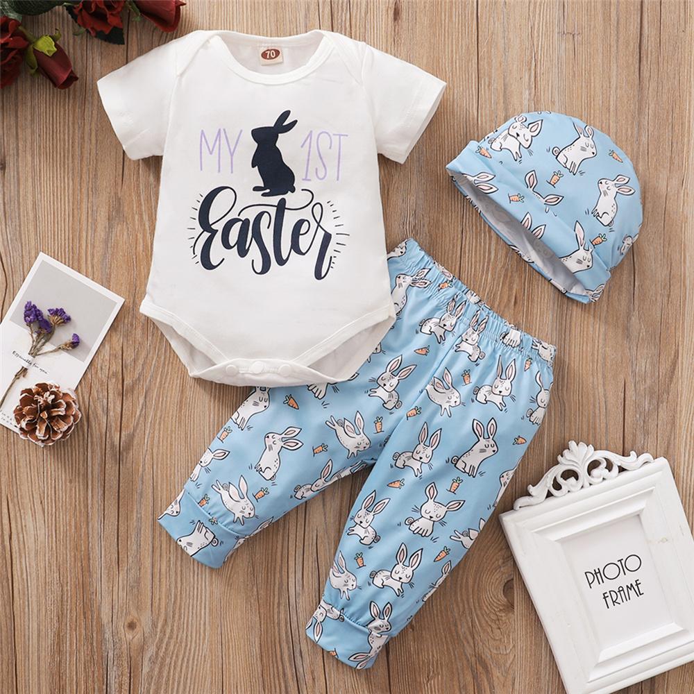 Baby Unisex First Easter Rabbit Printed Short Sleeve Romper & Pants & Hat wholesale baby clothes