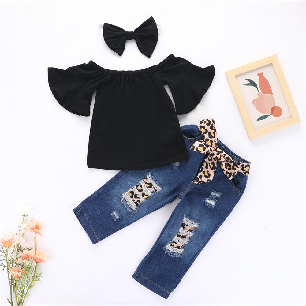 Girls Flared Sleeve Black Top & Leopard Jeans & Headband Girls Wholesale Clothes