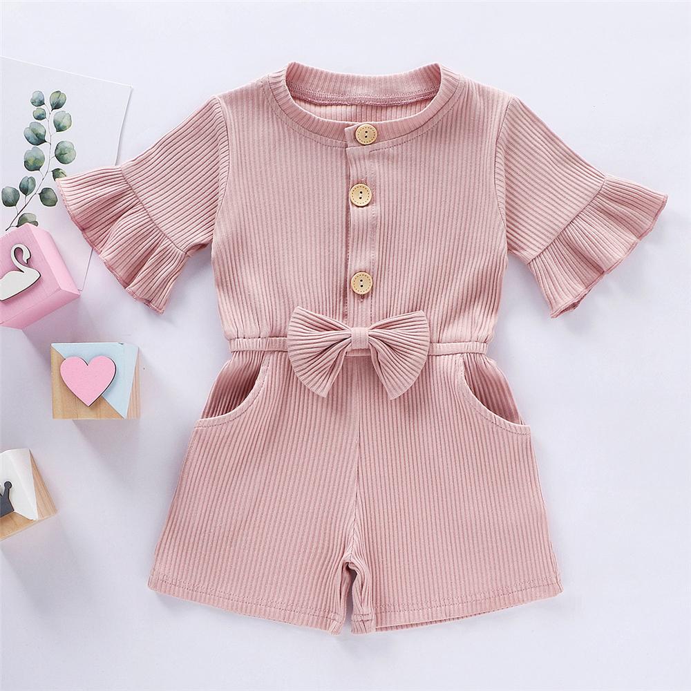 Girls Flared Sleeve Solid Color Button Bow Decor Pocket Jumpsuit Girl Boutique Clothing Wholesale