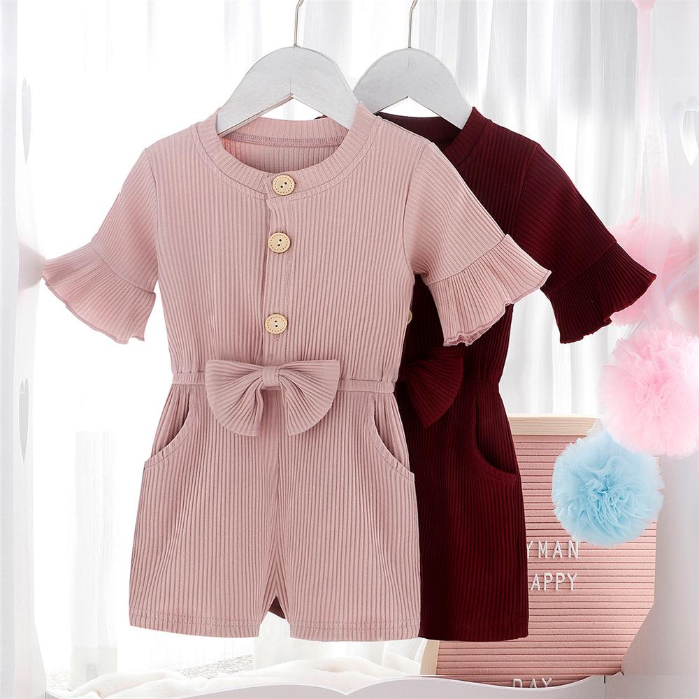 Girls Flared Sleeve Solid Color Button Bow Decor Pocket Jumpsuit Girl Boutique Clothing Wholesale