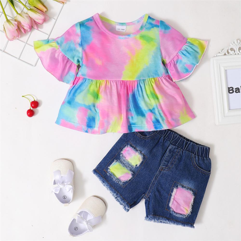 Girls Flared Sleeve Tie Dye Top & Shorts trendy kids wholesale clothing