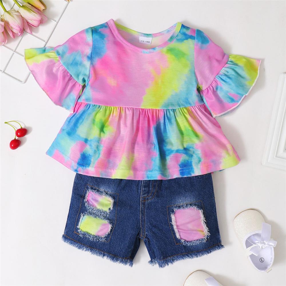 Girls Flared Sleeve Tie Dye Top & Shorts trendy kids wholesale clothing