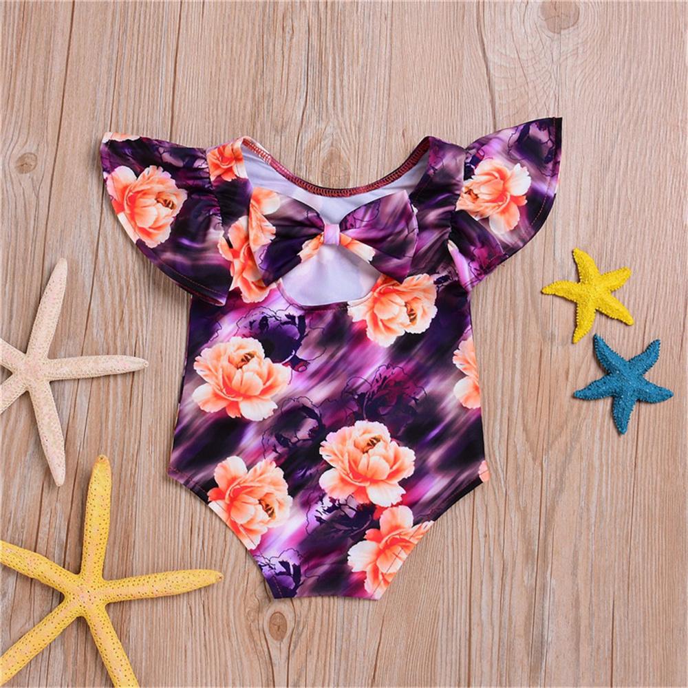Girls Floral Cartoon Printed Flying Sleeve Swimwear Toddler One Piece Swimsuit