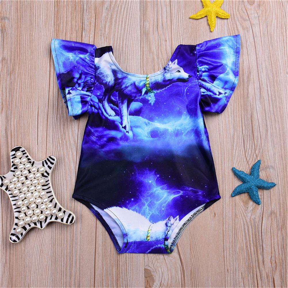 Girls Floral Cartoon Printed Flying Sleeve Swimwear Toddler One Piece Swimsuit