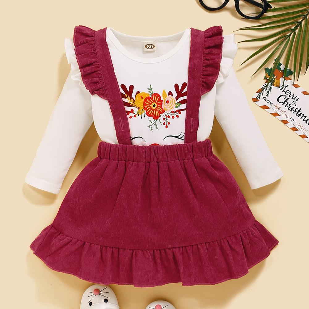 Baby Girls Floral Cartoon Printed Long Sleeve Romper & Suspender Skirt baby clothes wholesale