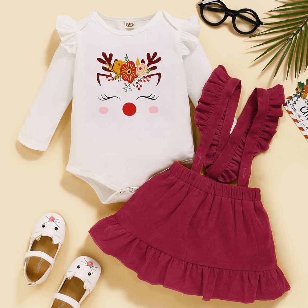 Baby Girls Floral Cartoon Printed Long Sleeve Romper & Suspender Skirt baby clothes wholesale