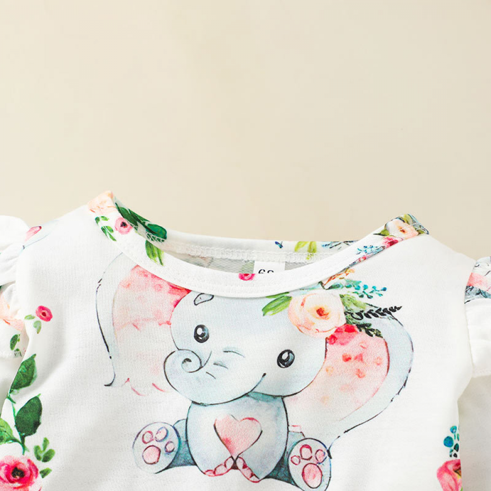 Baby Girls Floral Elephant Printed Long Sleeve Romper & Headband baby wholesale clothing