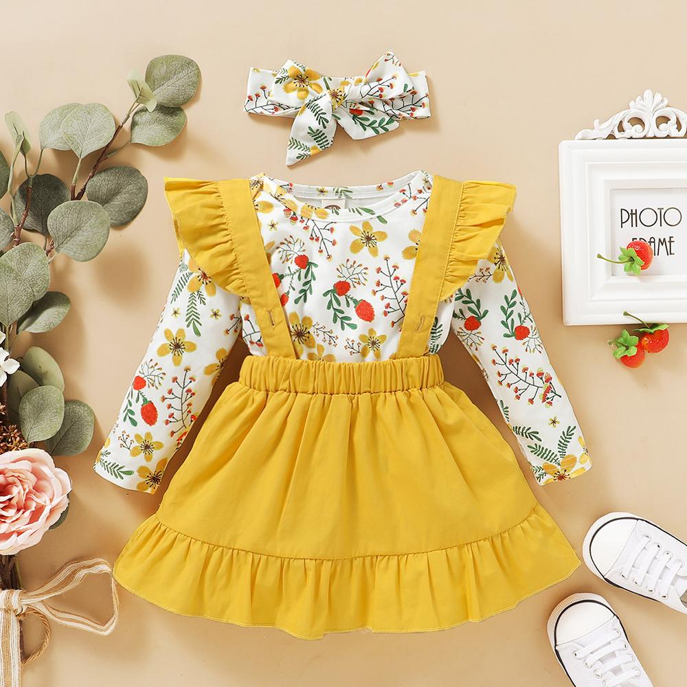 Baby Girls Floral Long Sleeve Romper & Skirt & Headband Wholesale Baby Clothes
