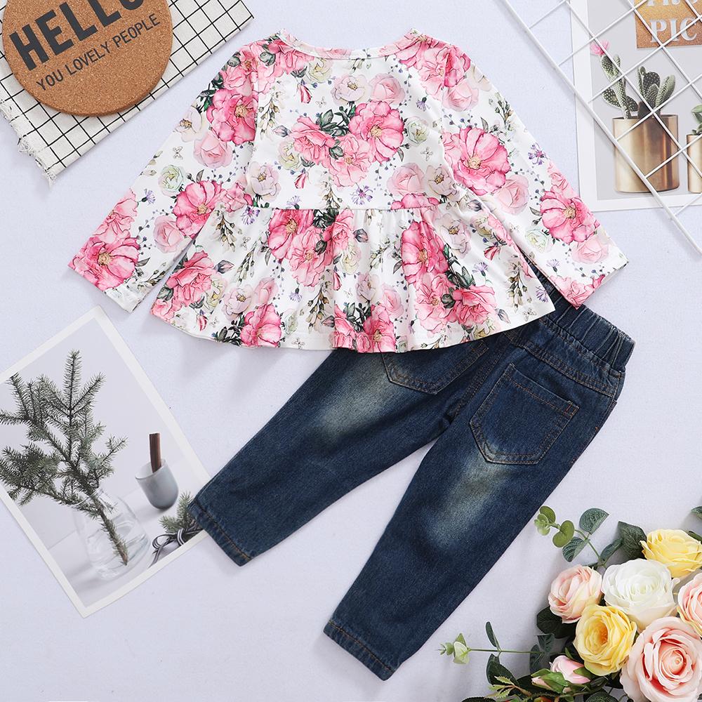 Girls Floral Long Sleeve Top & Denim Pants kids wholesale clothing