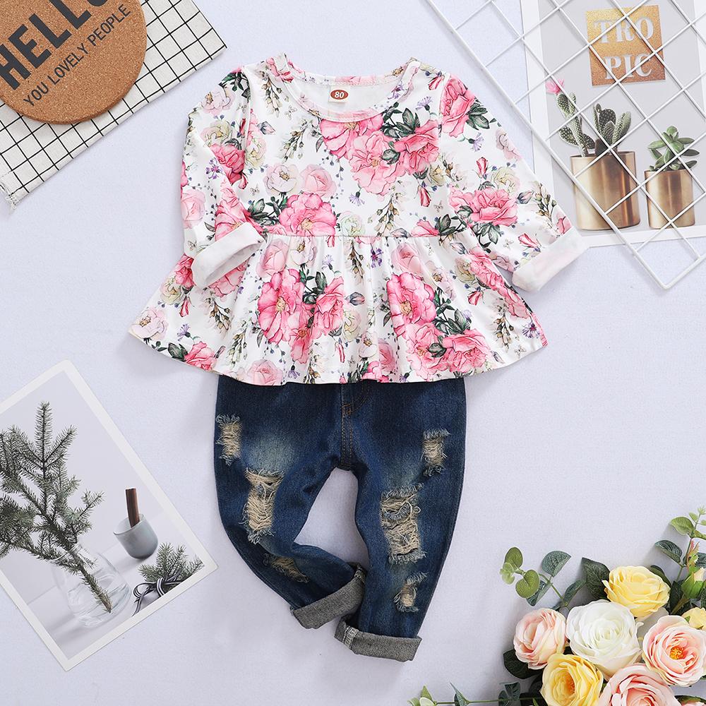 Girls Floral Long Sleeve Top & Denim Pants kids wholesale clothing