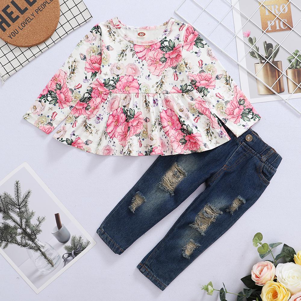 Girls Floral Long Sleeve Top & Denim Pants kids wholesale clothing