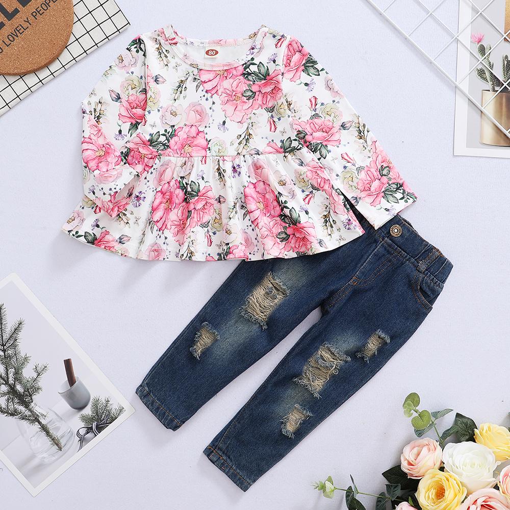 Girls Floral Long Sleeve Top & Denim Pants kids wholesale clothing