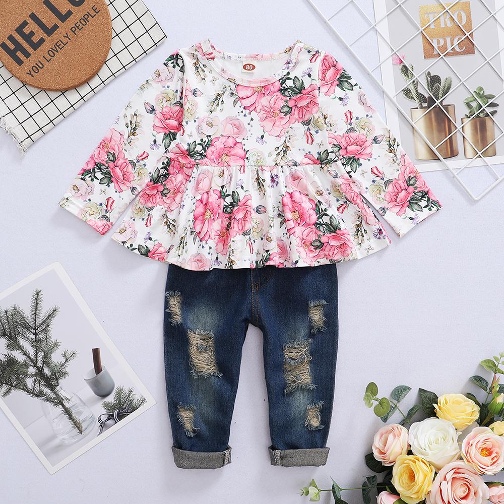 Girls Floral Long Sleeve Top & Denim Pants kids wholesale clothing