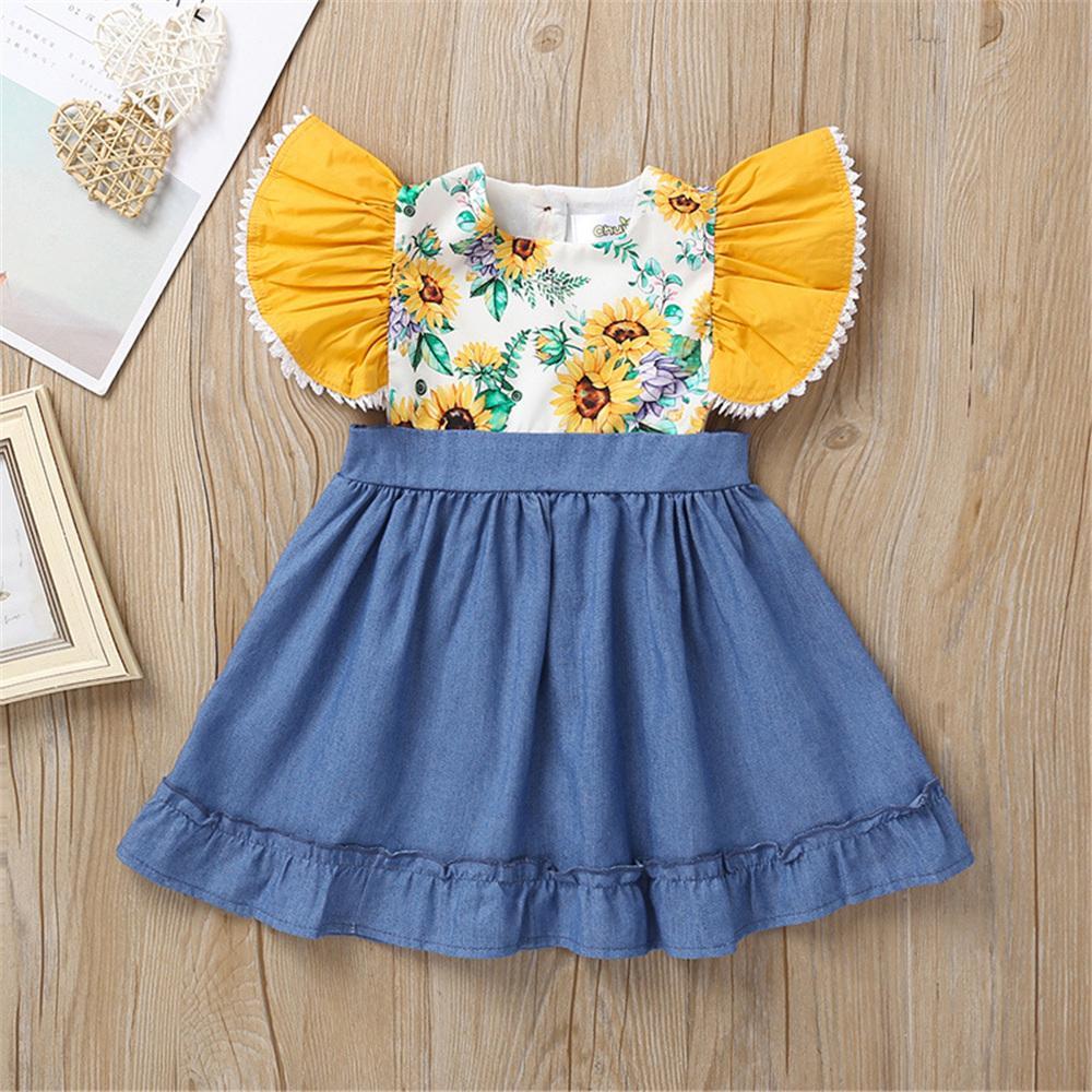 Girls Floral Printed Flutter Sleeve Splicing Princess Dress wholesale little girl clothing