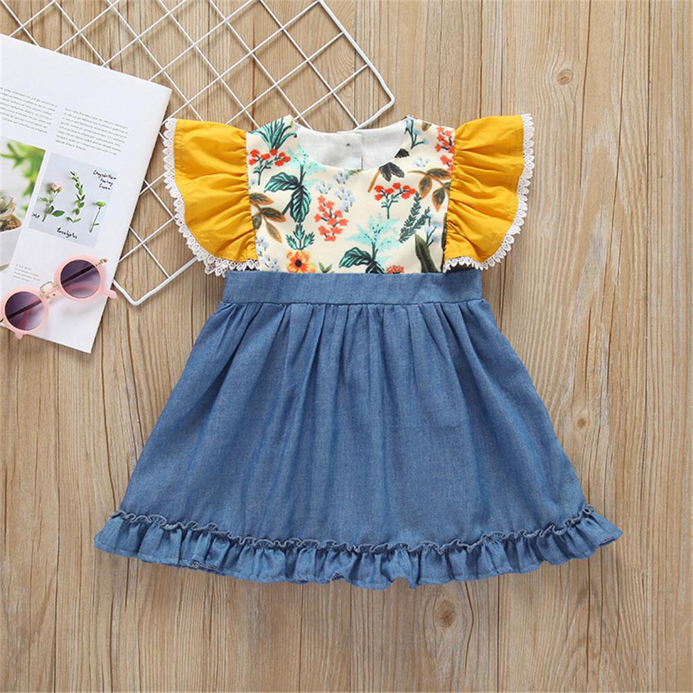 Girls Floral Printed Flutter Sleeve Splicing Princess Dress wholesale little girl clothing