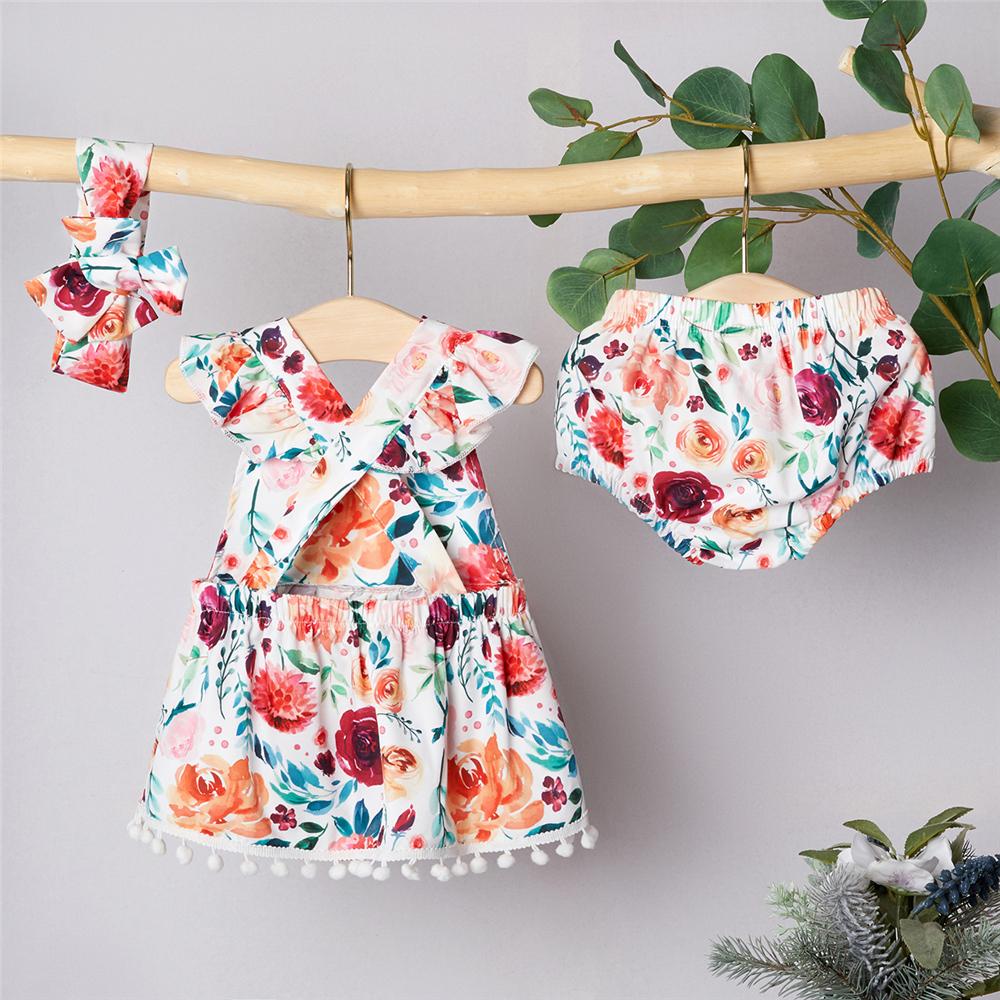 Girls Floral Printed Flutter Sleeve Top & Shorts & Headband Baby Girl Wholesale
