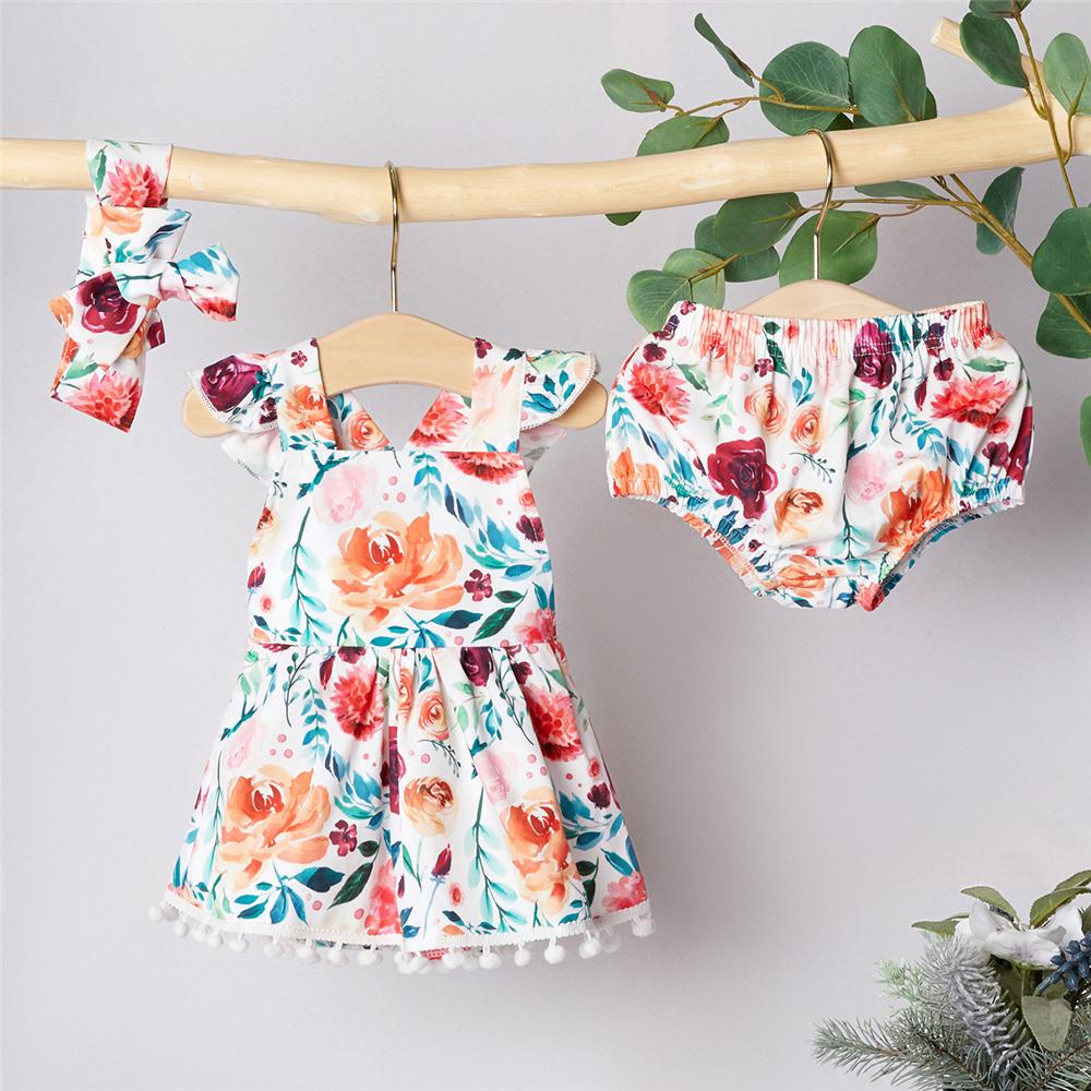 Girls Floral Printed Flutter Sleeve Top & Shorts & Headband Baby Girl Wholesale