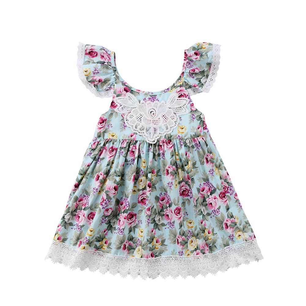Girls Floral Printed Flying Sleeve Lace Splicing Princess Dress wholesale children's boutique clothing suppliers usa