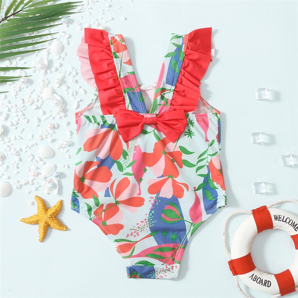 Girls Floral Printed Flying Sleeve Swimwear Toddler One Piece Swimsuit