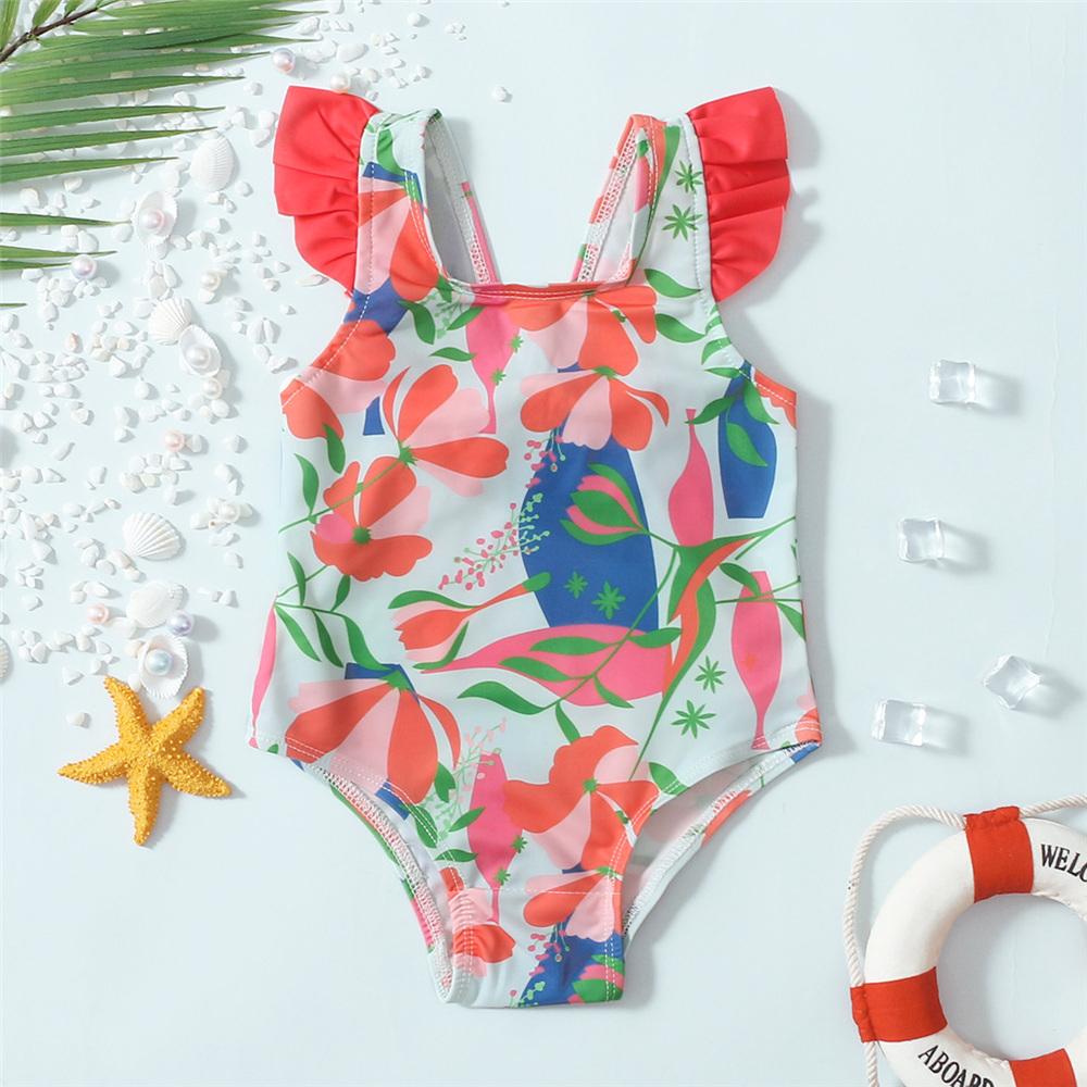 Girls Floral Printed Flying Sleeve Swimwear Toddler One Piece Swimsuit