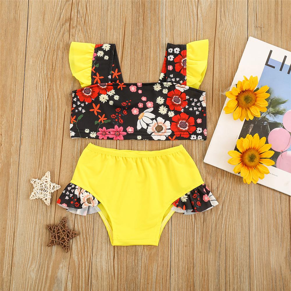 Girls Floral Printed Flying Sleeve Top & Shorts Swimsuit Toddler 2 Piece Swimsuit