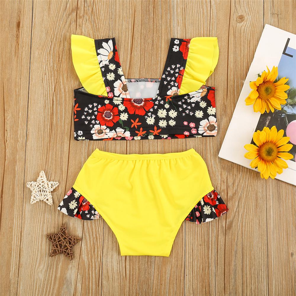 Girls Floral Printed Flying Sleeve Top & Shorts Swimsuit Toddler 2 Piece Swimsuit