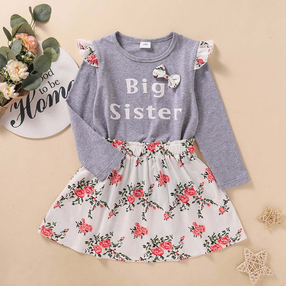 Girls Bow Floral Printed Letter Long Sleeve Top & Skirt wholesale childrens clothing