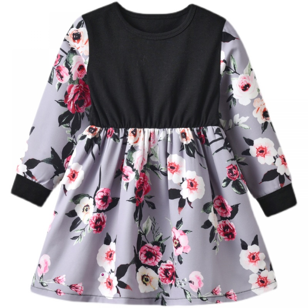 Girls Floral Printed Long Sleeve Dress wholesale kids clothes