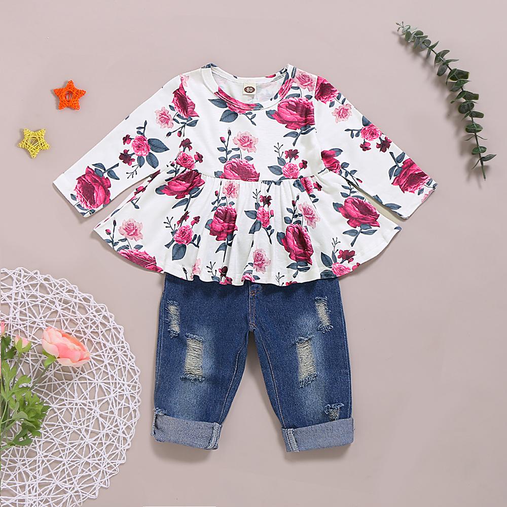 Girls Floral Printed Long Sleeve Top & Jeans trendy kids wholesale clothing