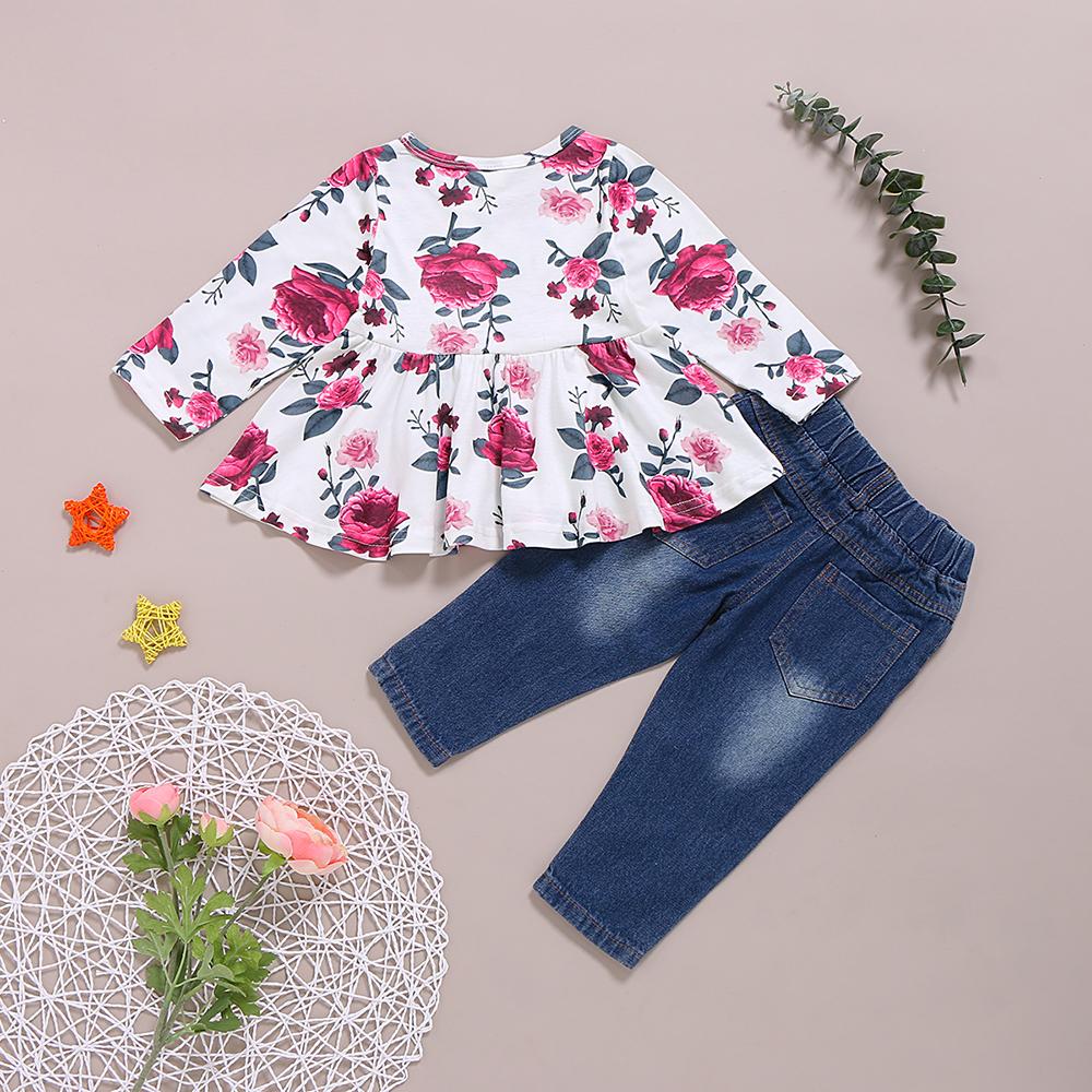 Girls Floral Printed Long Sleeve Top & Jeans trendy kids wholesale clothing