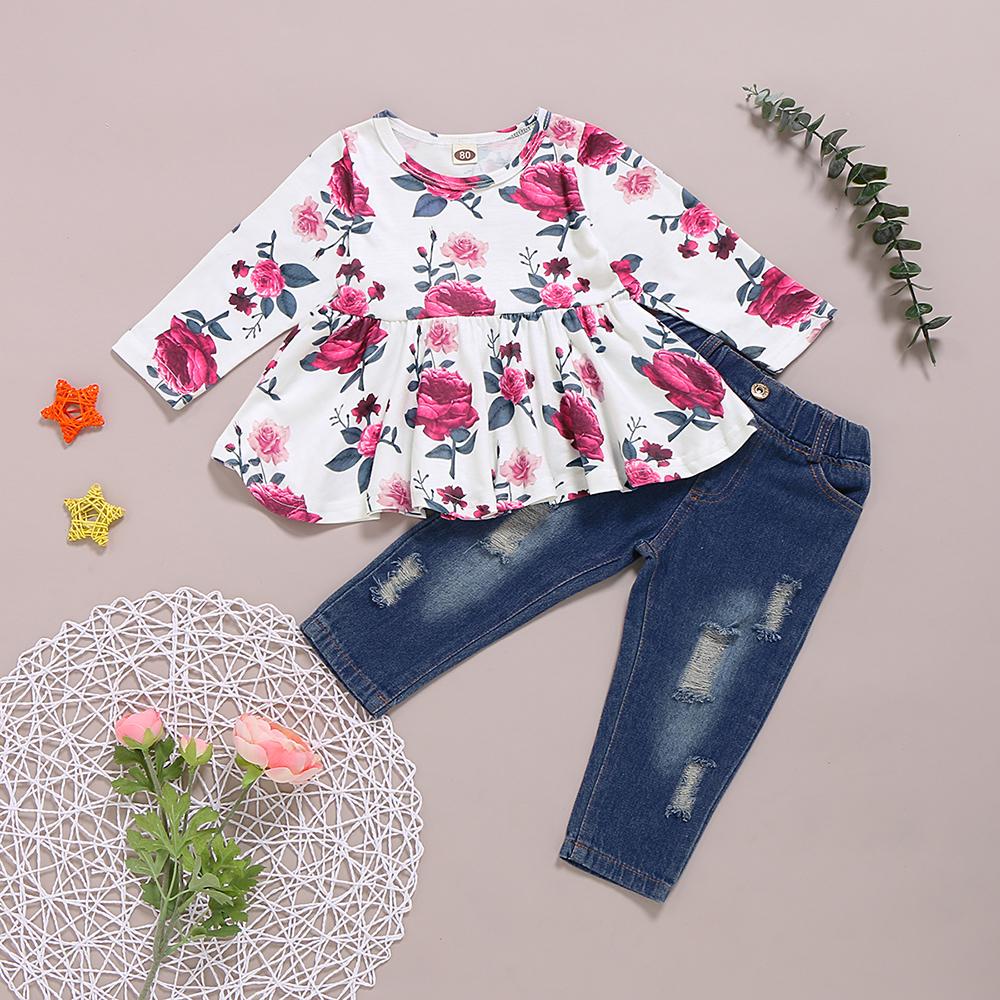 Girls Floral Printed Long Sleeve Top & Jeans trendy kids wholesale clothing