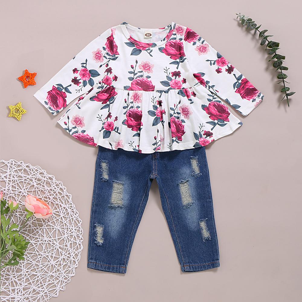 Girls Floral Printed Long Sleeve Top & Jeans trendy kids wholesale clothing