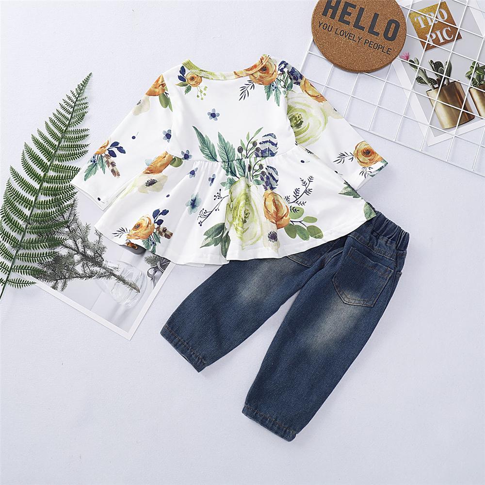 Girls Floral Printed Long Sleeve Top & Ripped Jeans Wholesale Girl Clothing