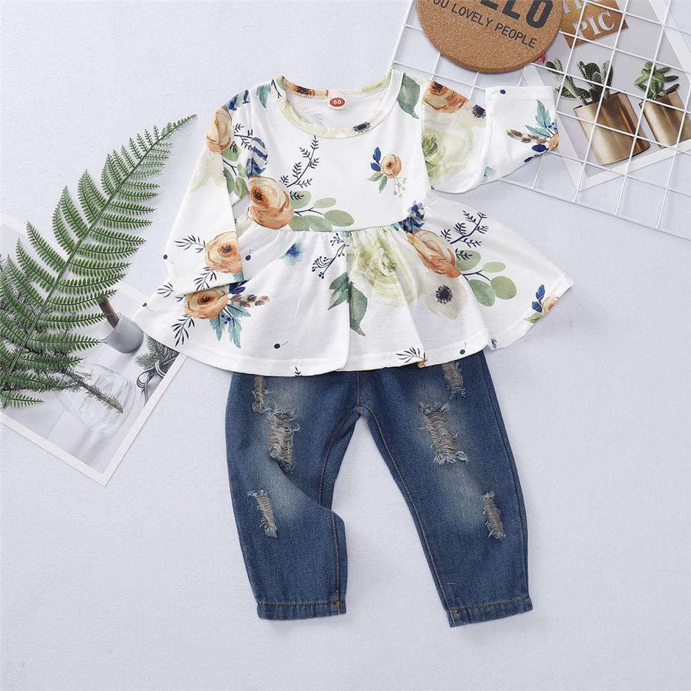 Girls Floral Printed Long Sleeve Top & Ripped Jeans Wholesale Girl Clothing