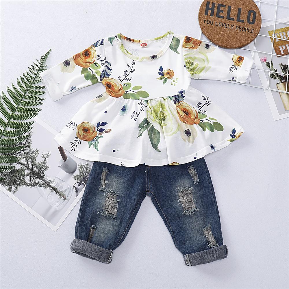 Girls Floral Printed Long Sleeve Top & Ripped Jeans Wholesale Girl Clothing