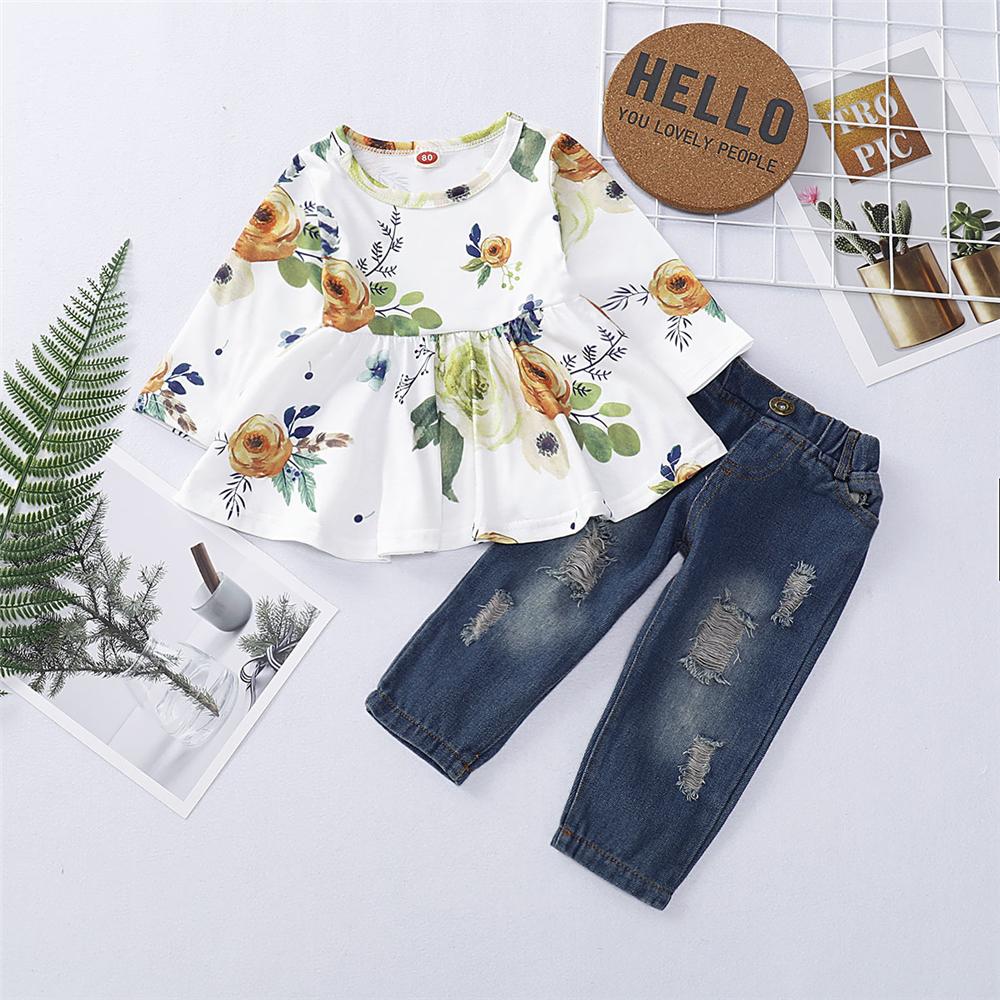 Girls Floral Printed Long Sleeve Top & Ripped Jeans Wholesale Girl Clothing