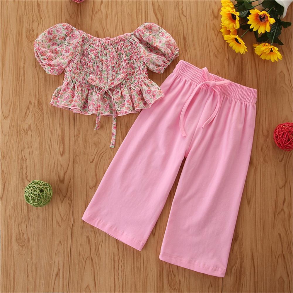Girls Floral Printed Short Sleeve Sweet Top & Solid Pants Girl Boutique Clothing Wholesale