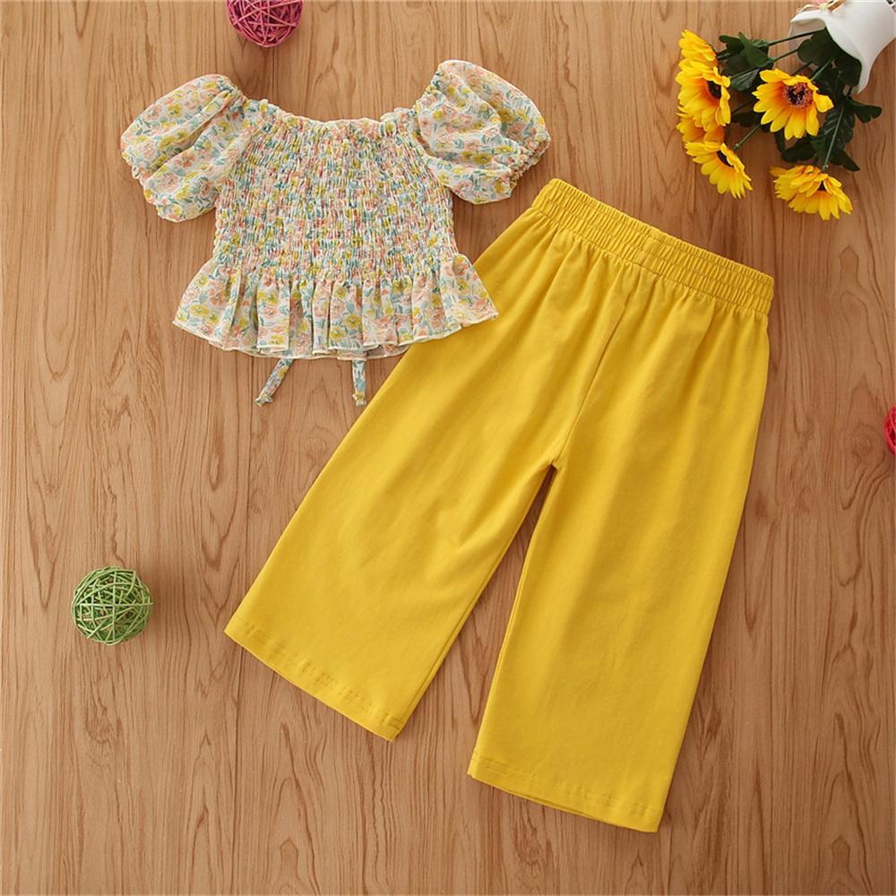 Girls Floral Printed Short Sleeve Sweet Top & Solid Pants Girl Boutique Clothing Wholesale