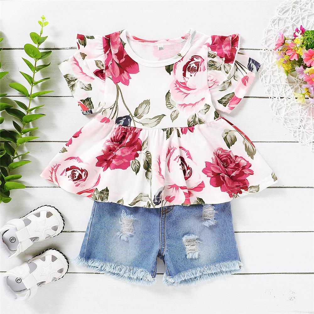 Girls Floral Printed Short Sleeve Top & Ripped Denim Shorts Girls Clothing Wholesale