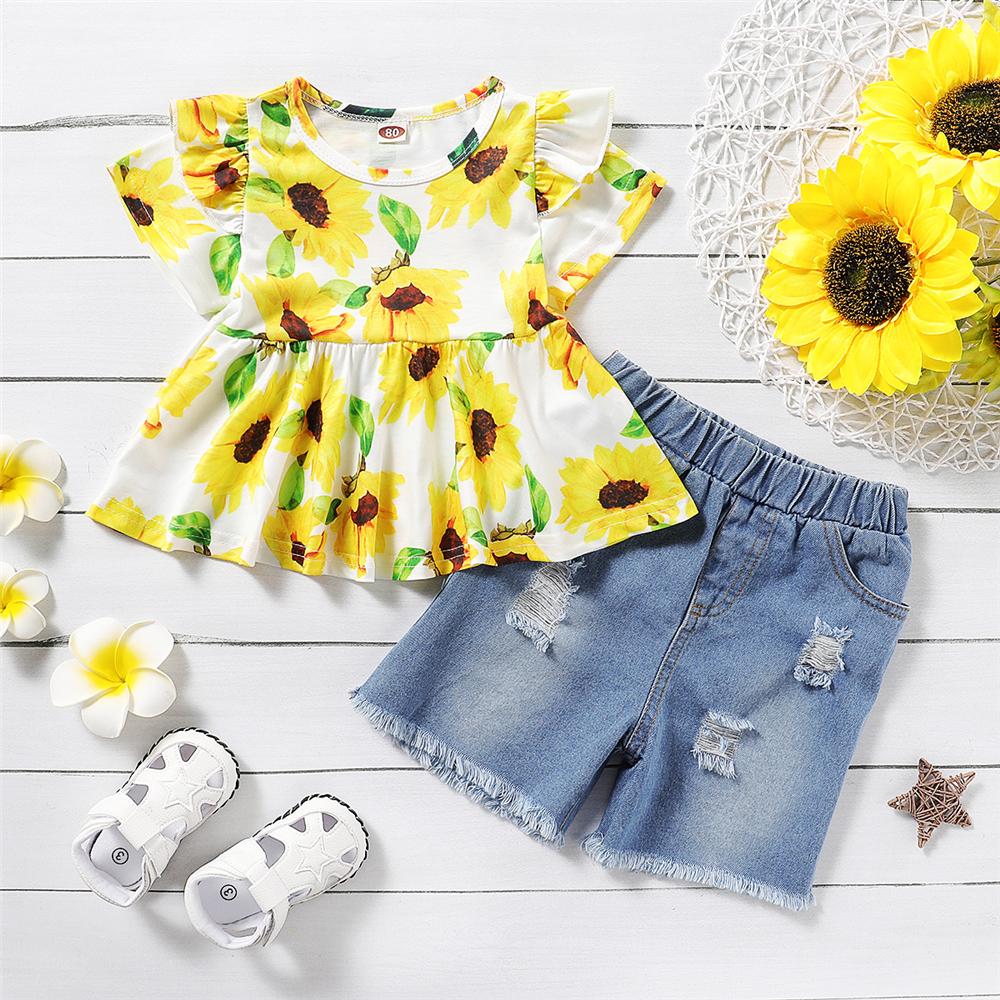 Girls Floral Printed Short Sleeve Top & Ripped Denim Shorts Girls Clothing Wholesale