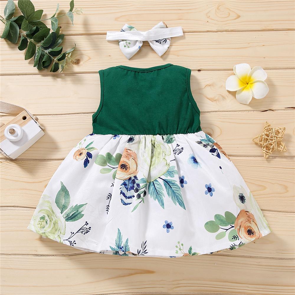 Girls Floral Printed Sleeveless Button Bow Decor Princess Dress wholesale girls clothes