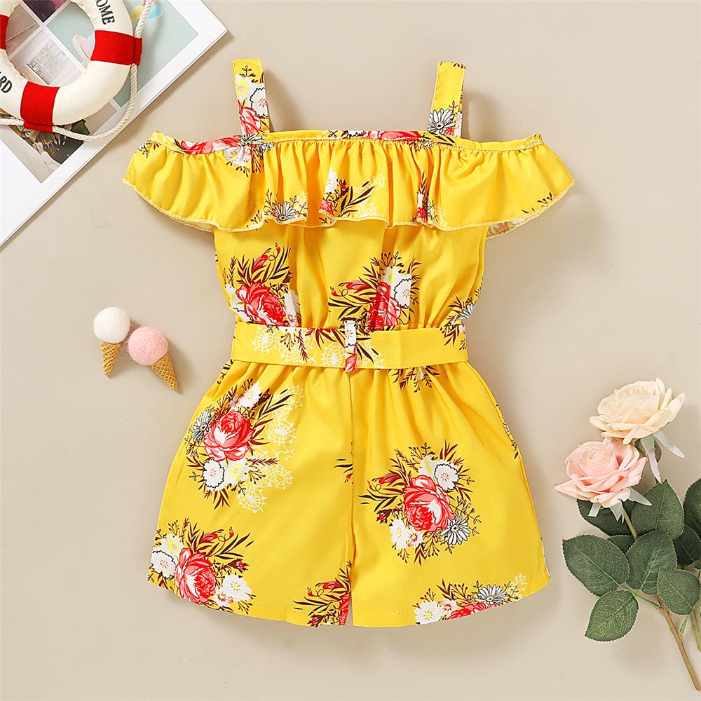 Girls Floral Printed Sleeveless Button Summer Jumpsuit & Belt Little Girl Leggings Wholesale