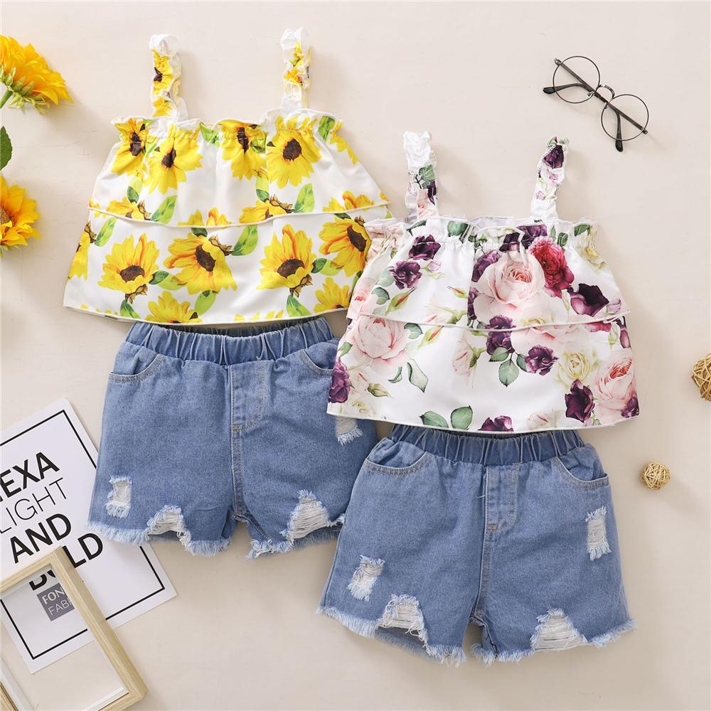 Girls Floral Printed Sling Top & Denim Shorts trendy kids wholesale clothing